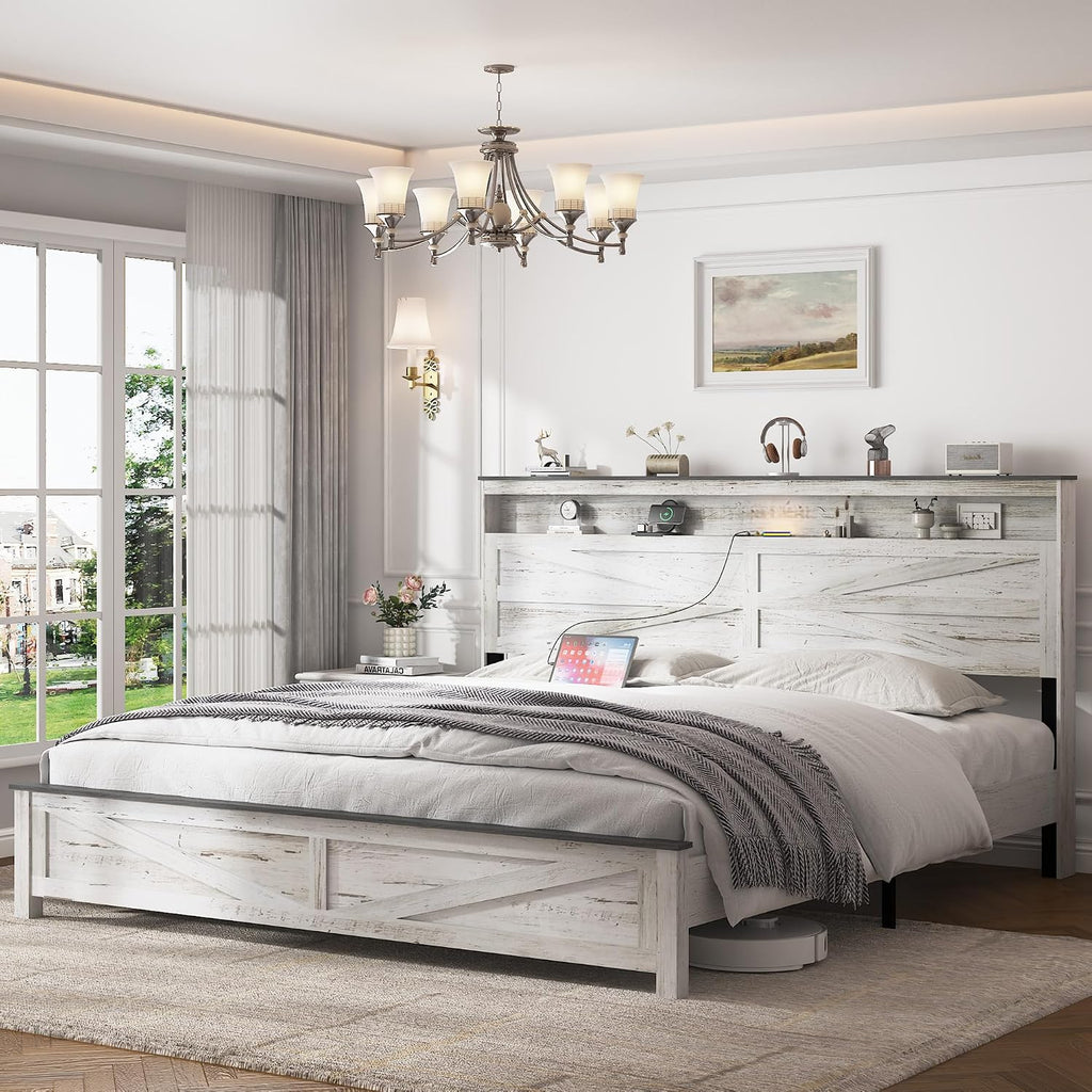 Farmhouse Wooden Bed Frame King Size with Storage Headboard, Boho Platform Bedframe with LED Lights and Charging Station, Metal Slats Support, No Box Spring Needed, White