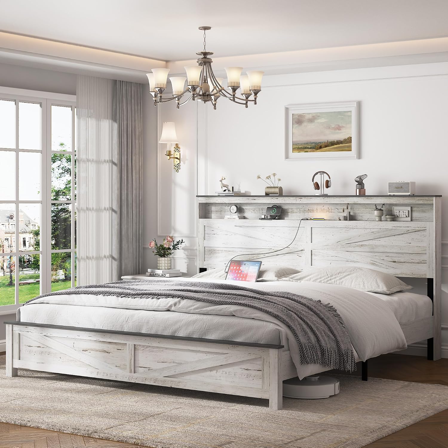 Farmhouse Wooden Bed Frame King Size with Storage Headboard, Boho Platform Bedframe with LED Lights and Charging Station, Metal Slats Support, No Box Spring Needed, White