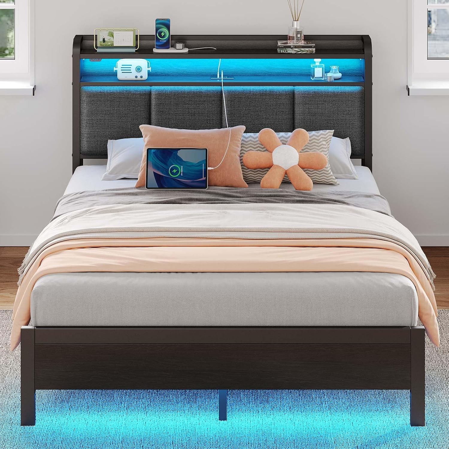 Rolanstar Bed Frame Full Size with Charging Station and LED Lights, Upholstered Headboard with Storage Shelves, Heavy Duty Metal Slats, No Box Spring Need, Noise Free, Easy Assembly, Dark Grey