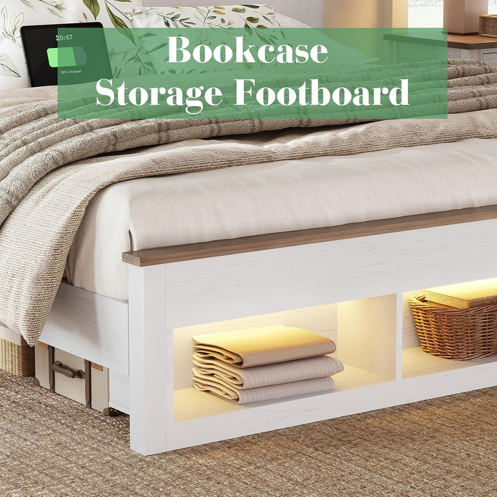 Albott Farmhouse King Size Bed Frame with Storage/Bookcase Headboard & Footboard, Wood Platform Bed with LED Lights/Charging Station, Heavy-Duty Metal Support/No Box Spring Needed/Noise-Free, White
