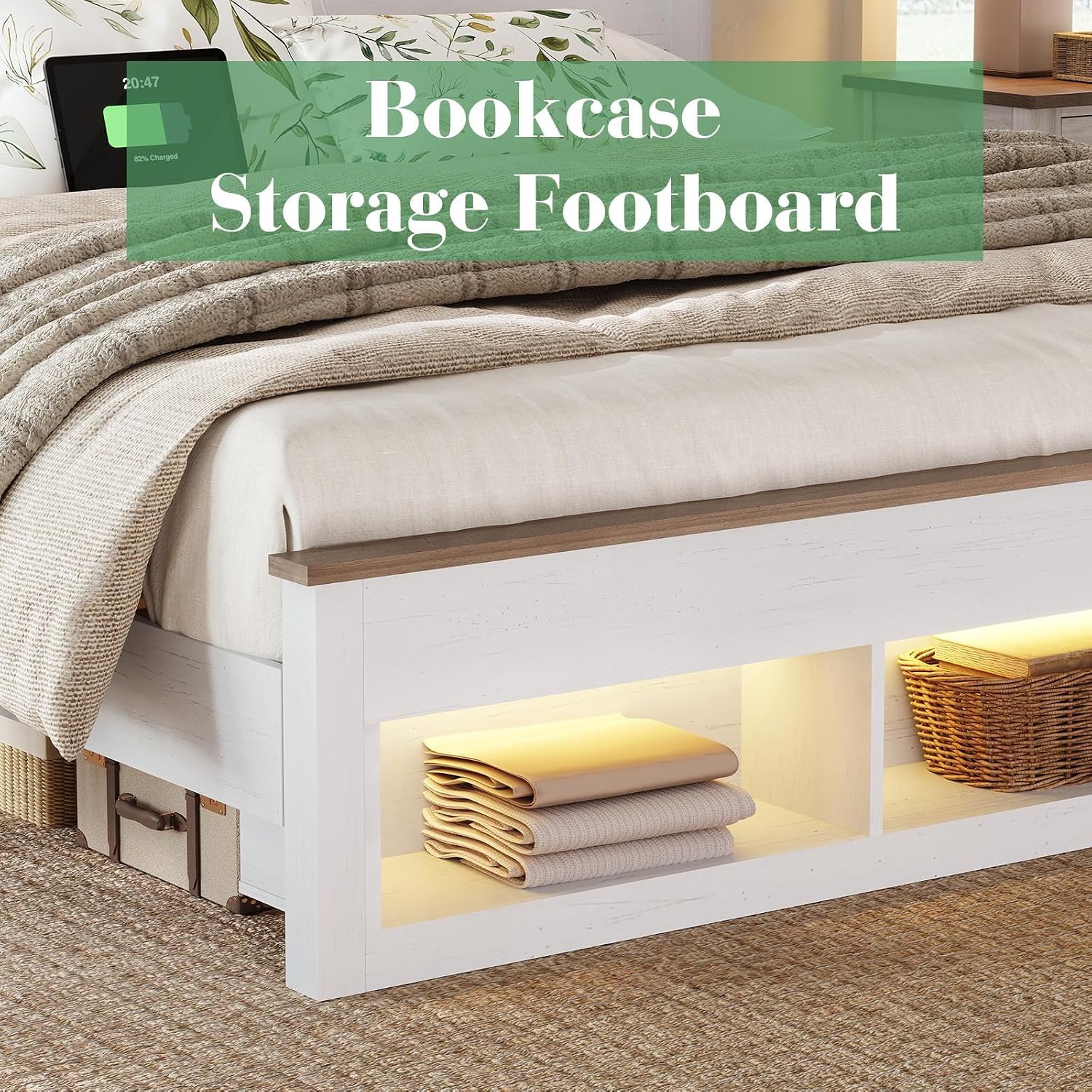 Albott Farmhouse King Size Bed Frame with Storage/Bookcase Headboard & Footboard, Wood Platform Bed with LED Lights/Charging Station, Heavy-Duty Metal Support/No Box Spring Needed/Noise-Free, White
