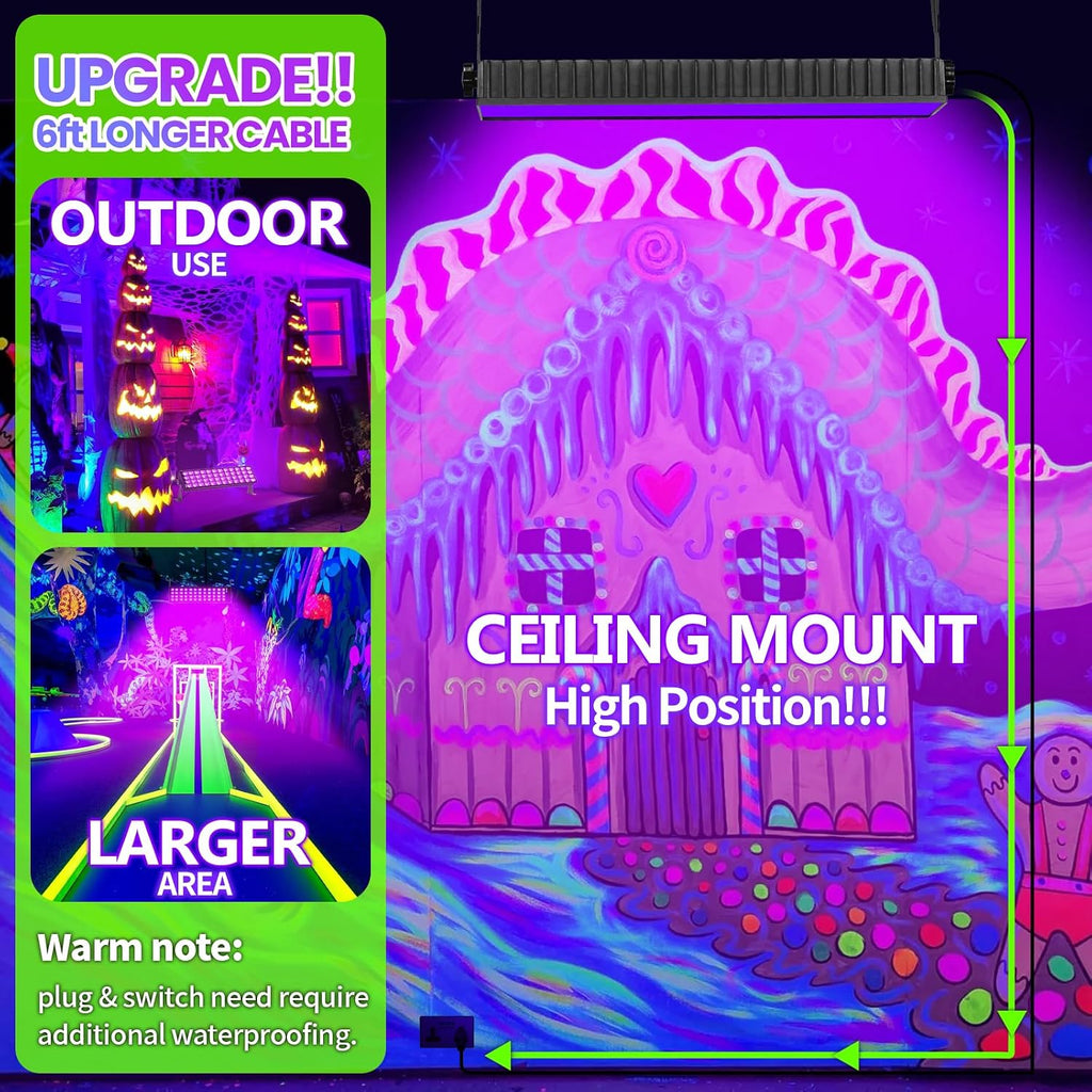 6 Pack 120W LED Black Lights, Blacklight Bar Light Up to 5000ft² Area with Switch+Plug+6ft Cable, Glow Party Light Supply for Halloween, Fluorescent Poster, Body Paint, Birthday, Bedroom, Classroom