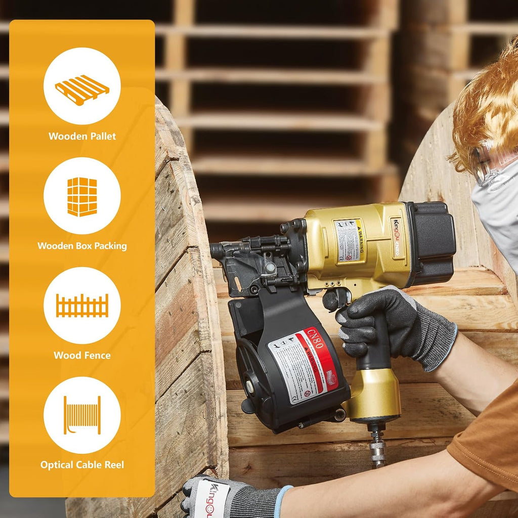 Kingou CN80 Coil Nailer Gun for Wooden Pallet Accepts 1.97-Inch to 3.15-Inch Nails with 1/4 NPT Air Connector 225-300pcs Load Capacity Coil Nailer Coil Nail Gun for Wooden Box Packing