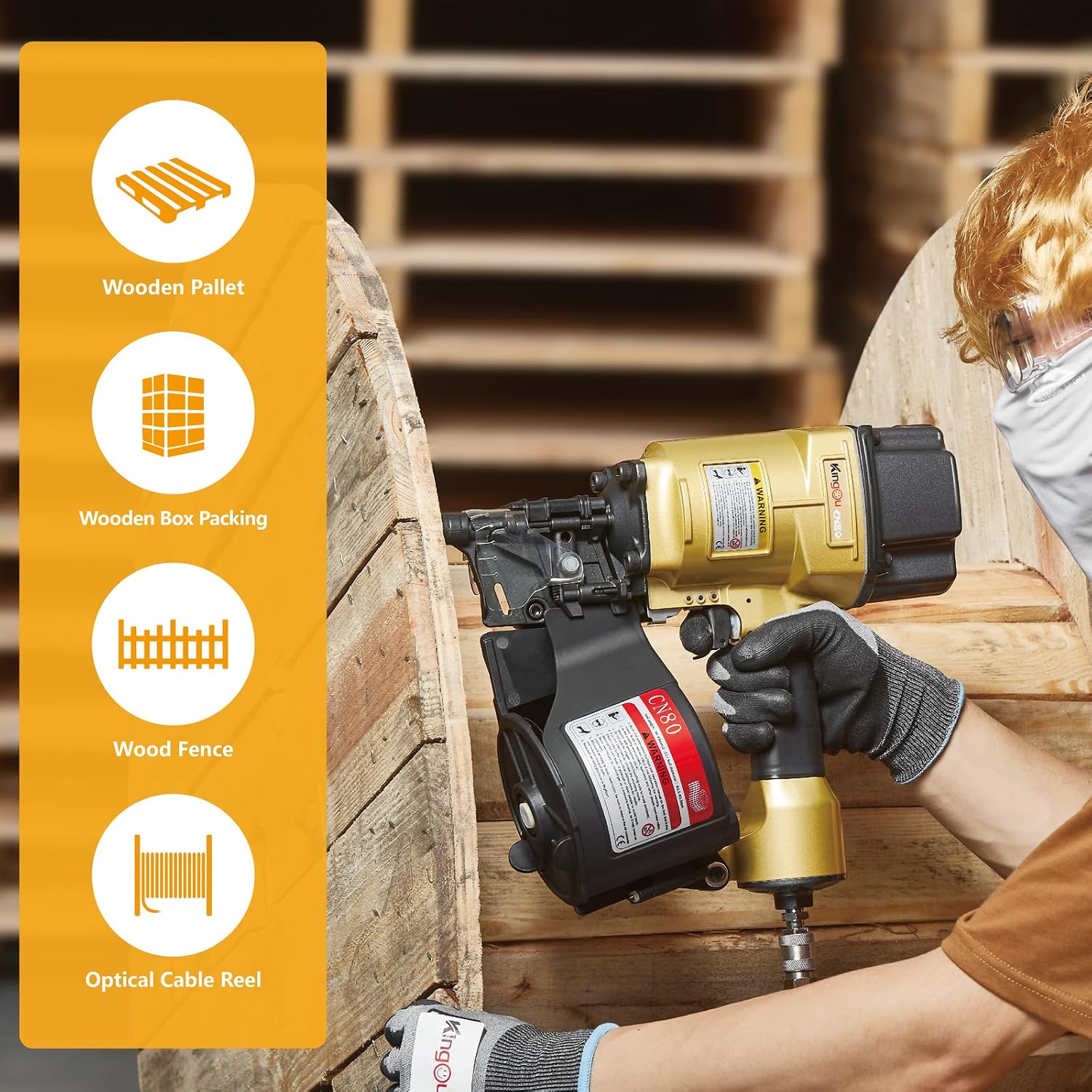 Kingou CN80 Coil Nailer Gun for Wooden Pallet Accepts 1.97-Inch to 3.15-Inch Nails with 1/4 NPT Air Connector 225-300pcs Load Capacity Coil Nailer Coil Nail Gun for Wooden Box Packing