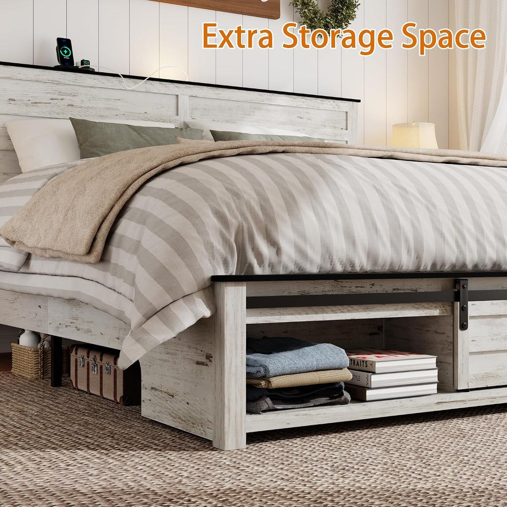 Wooden King Size Bed Frame with Headboard, Boho White Farmhouse Storage Bedframe with Sliding Barn Door Footboard and Charging Station, Wood Slats, No Box Spring Needed