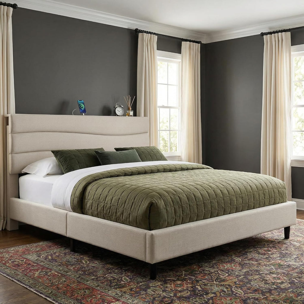 EnHomee King Bed Frame with Adjustable Height Headboard, 3 USB Charging Ports, Upholstered Platform Bed for Bedroom Apartment Dorm, Noise-Free, No Box Spring Needed, Beige