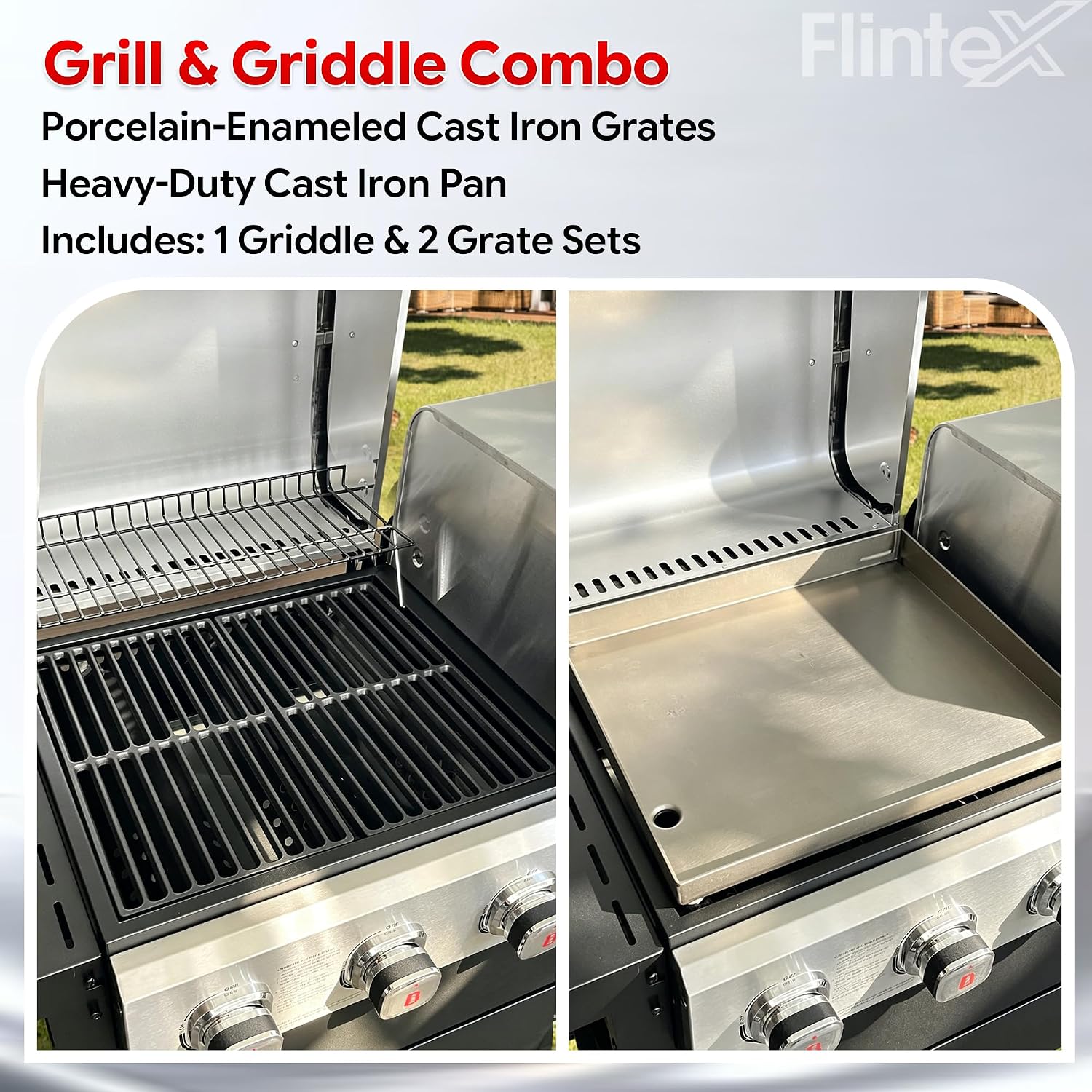 Flintex Gas and Charcoal Grill Combo with Griddle, Propane Grill Griddle Combo with Dual Fuel BBQ System, 720 sq.in. Cooking Area, Porcelain-Enameled Cast Iron Grates and Pan