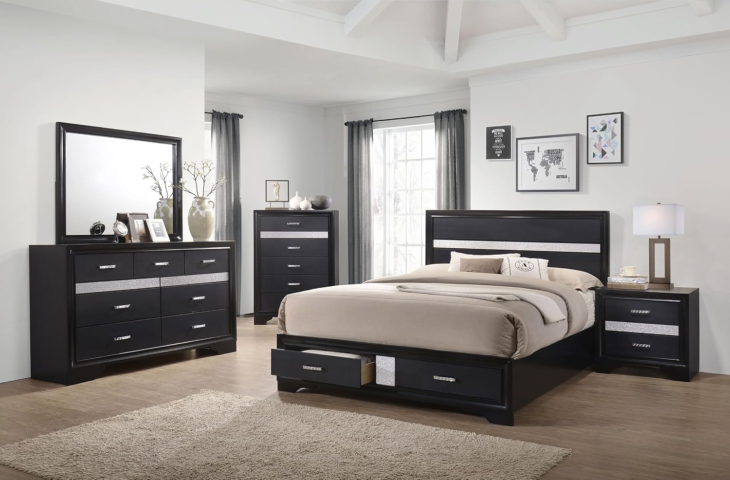 Coaster Home Furnishings Miranda Contemporary 5-Piece Bedroom Set California King Size Storage Panel Bed Frame 50-inch Headboard Black 206361KW-S5