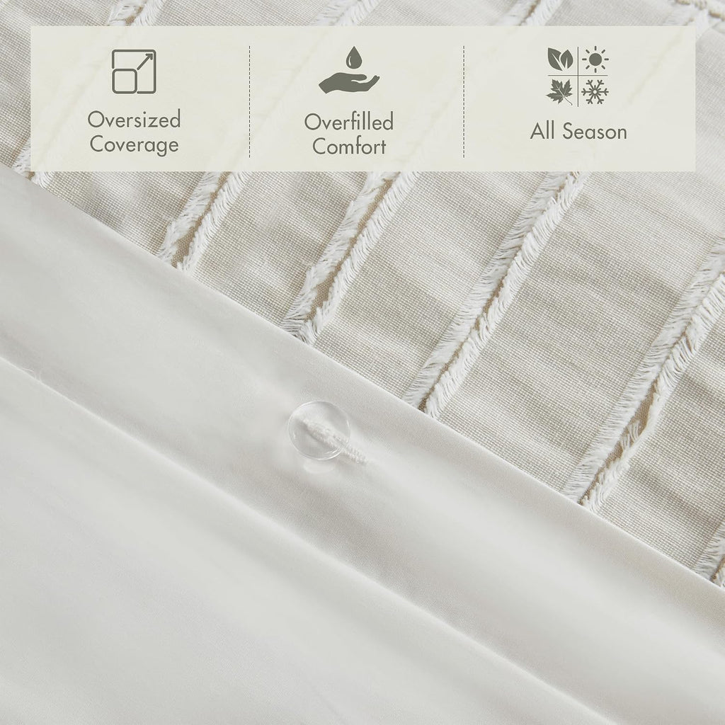Madison Park Queen Comforter Set Clipped Jacquard Stripes with Buttons Boho Comforter for a Queen-Size Bed, Cotton Oversized Comforters with Removable Cover Boho Bedding, Queen Ivory 8 Piece