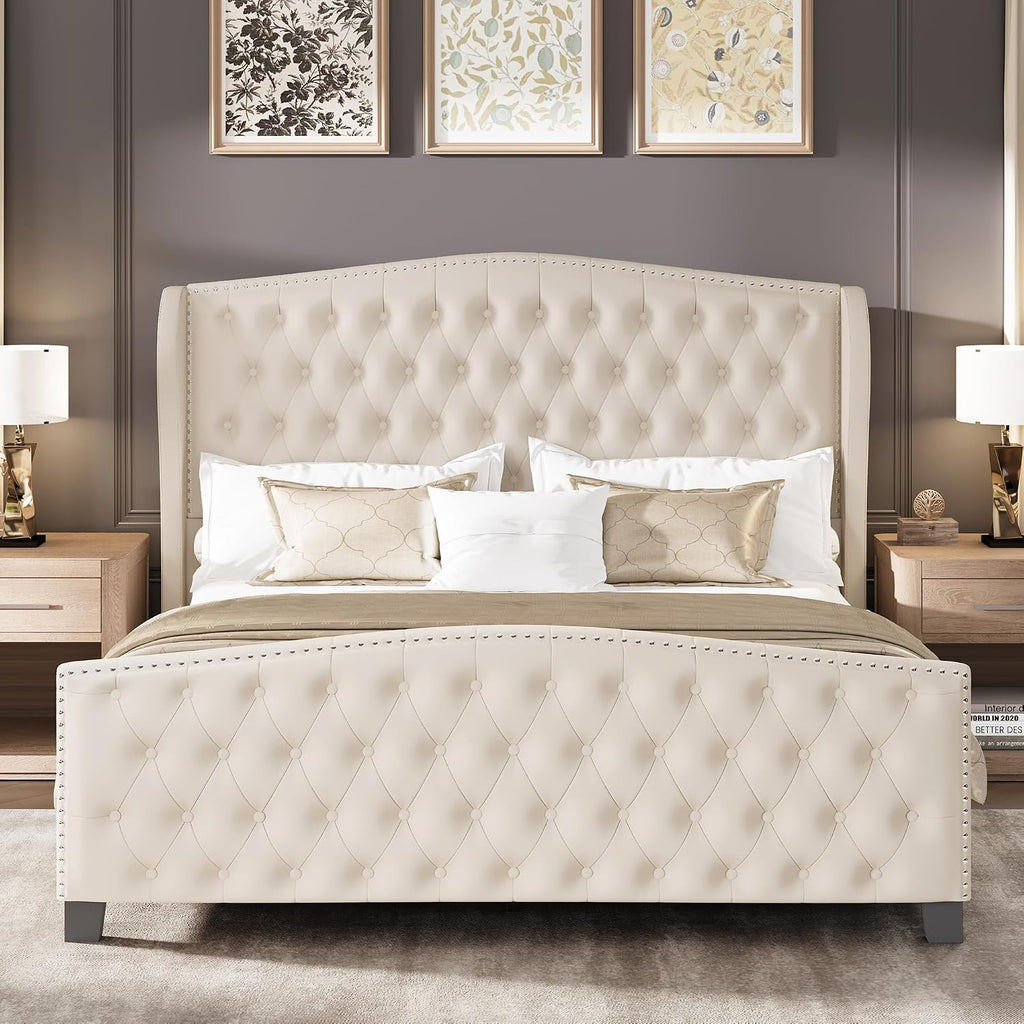 LARMACE King Size Bed Frame Velvet Upholstered Platform Bed with Wingback Headboard & Footbaord, Deep Button Tufted Bed Frame with Wood Slats Support, No Box Spring Needed, Beige