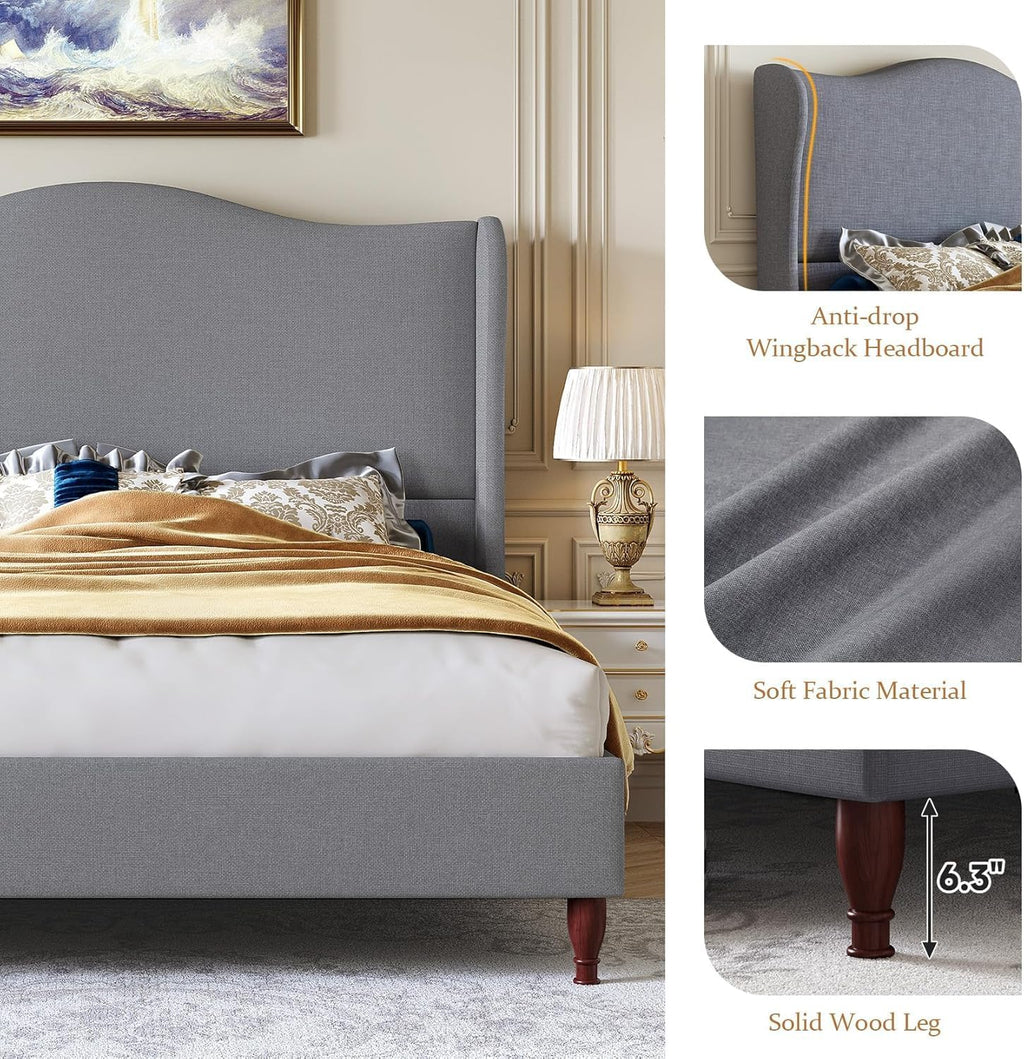 koorlian King Size Bed Frame Upholstered Platform Bed with 51' Tall Headboard Wingback, Soft Fabric, Retro Simple Style Platform Bed No Box Spring Needed, Easy Assembly, Grey