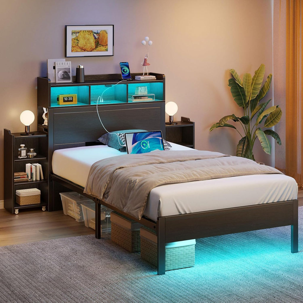 Rolanstar Twin Bed Frame with Bookcase Storage Headboard, Slide Out Bedside Storage, Bed with Charging Station & LED Lights, Heavy Duty Metal Slats, No Box Spring Needed, Noise Free, Black