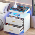 LED Nightstand with Wireless Charging Station - Modern Night Stand with Lights, Glass Top Bedside Table with Drawers for Bedroom, Glossy End Table with Human Body Induction (White)