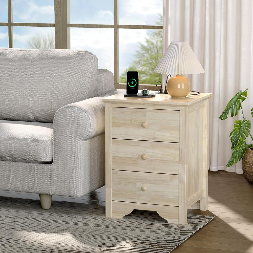 VINGLI Unfinished Rubber Wood Nightstands Set of 2 for Color DIY, 18.54' W Nightstand with Charging Station, 3 Drawer Nightstand, Real Wood Night Stands/Bed Side Table/End Table for Bedroom