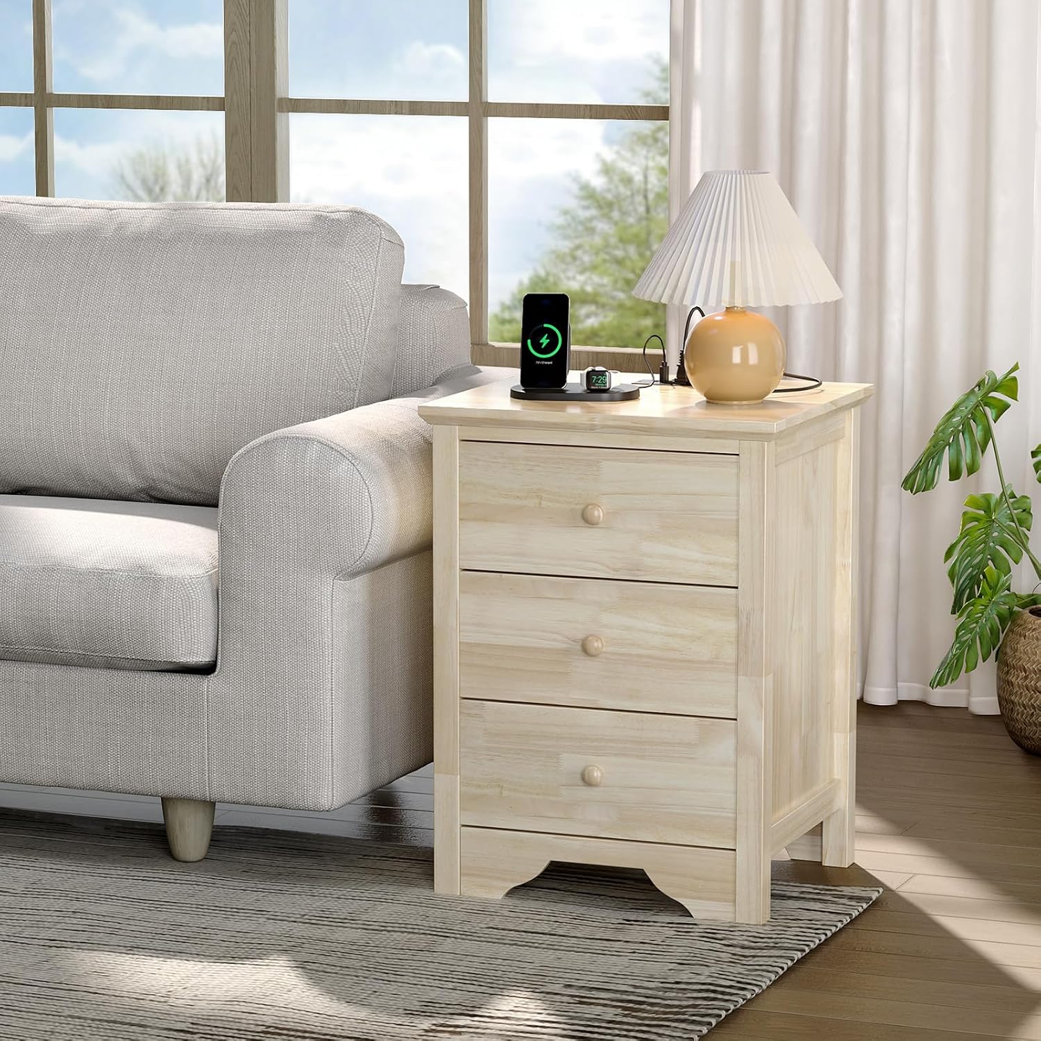 VINGLI Unfinished Rubber Wood Nightstands Set of 2 for Color DIY, 18.54' W Nightstand with Charging Station, 3 Drawer Nightstand, Real Wood Night Stands/Bed Side Table/End Table for Bedroom