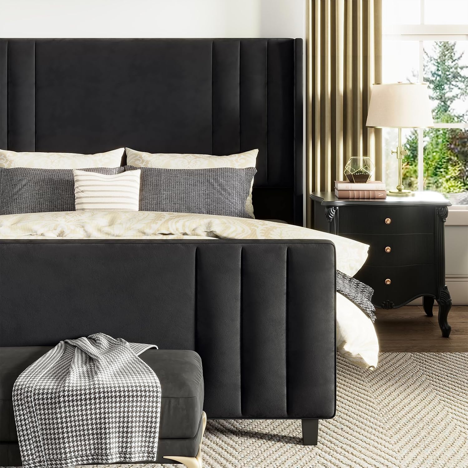AMERLIFE King Size Bed Frame, Velvet Upholstered Platform Bed with Vertical Channel Tufted Headboard & Footboard/Wingback, Mattress Foundation with Wood Slats, No Box Spring Needed, Black