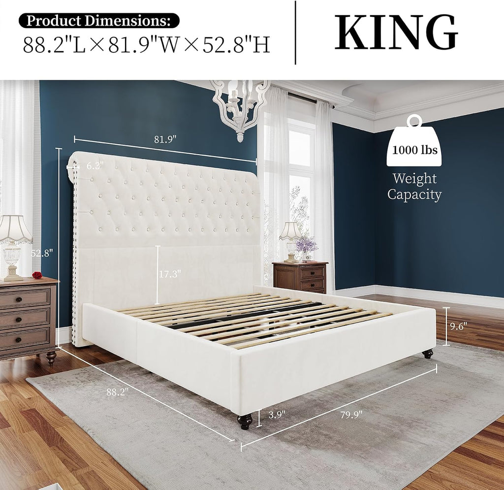 PaPaJet King Bed Frame Upholstered Platform Bed Frame with 52.8'' Tall Sleigh Headboard, Button Tufted, No Box Spring Needed, Easy Assembly, Cream