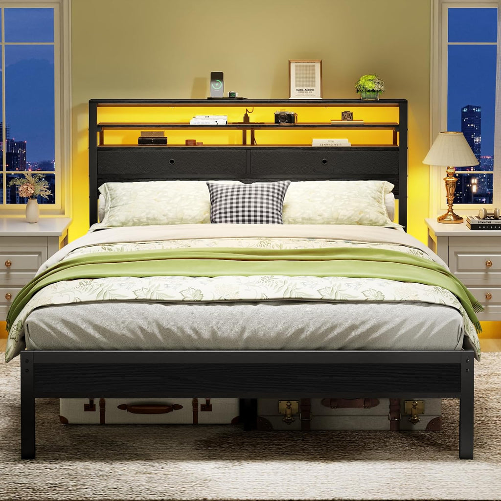 Furnulem Queen Bed Frame with Headboard & 2 Fabric Drawers, Bed Frame Queen Size Featuring LED Lights, Built-in Charging Station & Storage Shelves, Metal Slats, No Box Spring Needed – Black Oak
