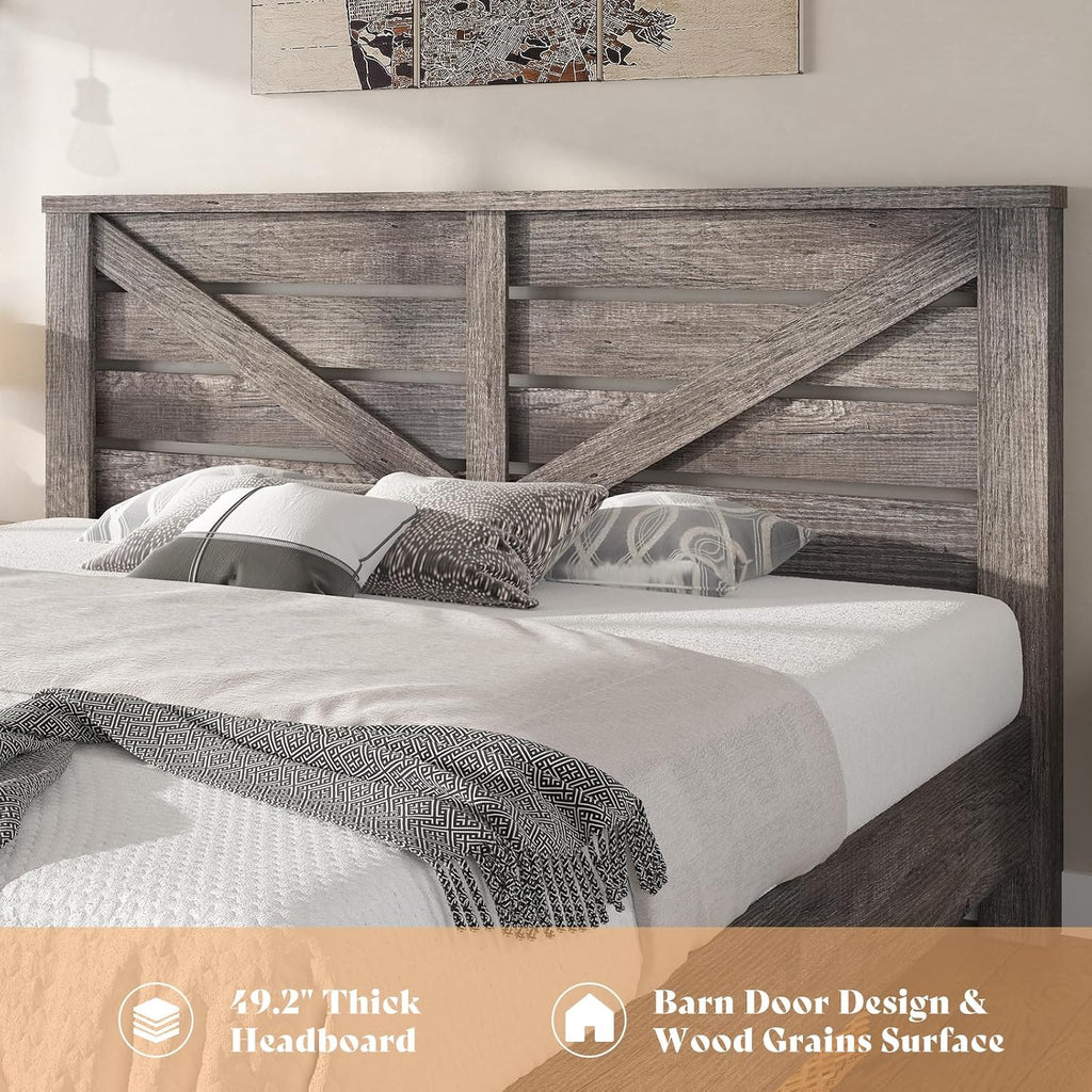 AMERLIFE Queen Size Bed Frame with 49.2' Barn Door Headboard and Footboard, Farmhouse Platform Bed Frame with Wood Slats, No Box Spring Needed, Under Bed Storage, Rustic Gray