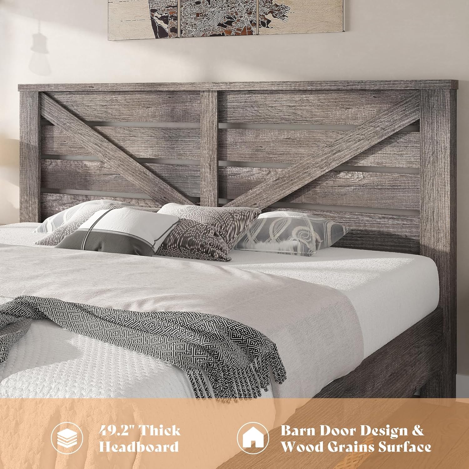 AMERLIFE Queen Size Bed Frame with 49.2' Barn Door Headboard and Footboard, Farmhouse Platform Bed Frame with Wood Slats, No Box Spring Needed, Under Bed Storage, Rustic Gray