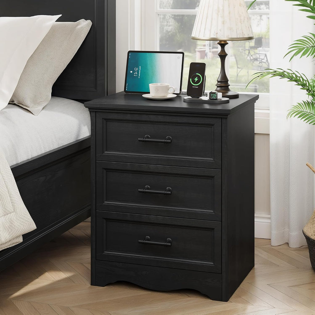Bedroom Set, 3 Pieces Bedroom Furniture Set, 6 Drawer Dresser and 3 Drawers Nightstand with Charging Station, Farmhouse Storage Organizer Cabinet for Bedroom, Black