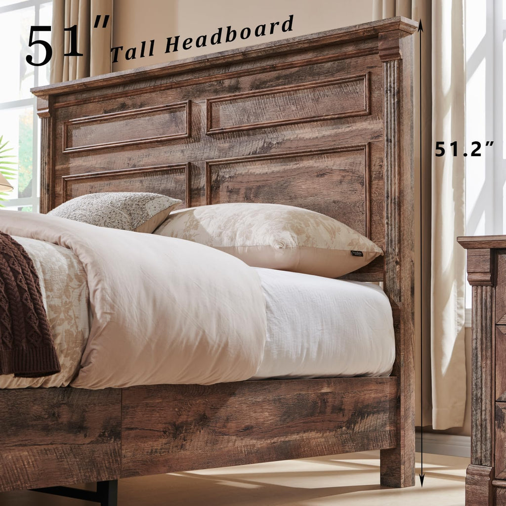 Aitjunz Farmhouse Full Size Bed Frame with 51' Tall Headboard, Wood Platform Bed Frame with 20' Tall Roman Column Decoration Footboard & 2 Large Storage Drawers, No Box Spring Needed (Light Brown)