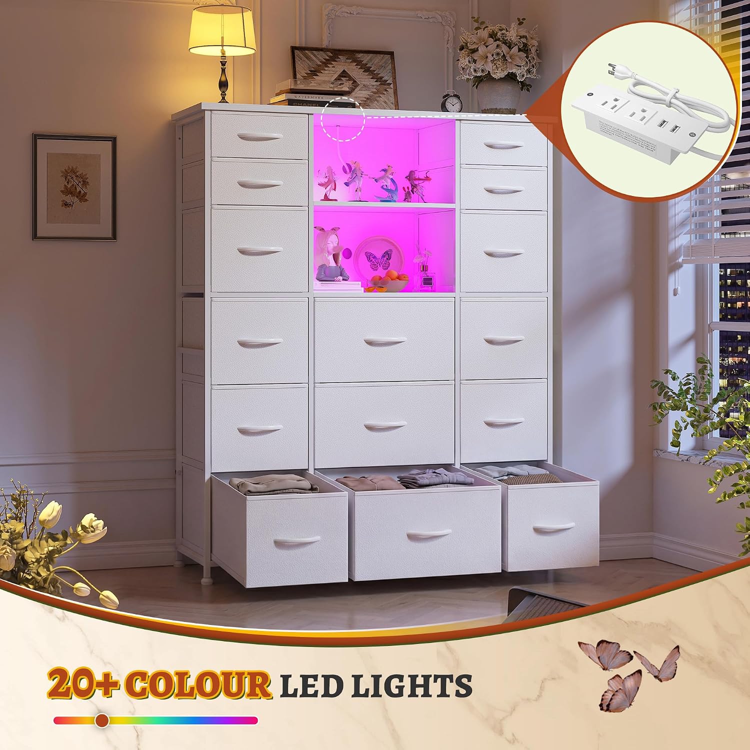 EnHomee 51' H White Dresser with 15 Drawers Dresser for Bedroom with Charging Station & LED Lights & Hutch Sturdy Bedroom Dressers, Steel Frame, Wood Top, 51.2' H x 39.3' W x 11.8' D