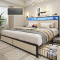 Lifezone King Bed Frame with 2-Tier Storage Headboard, Metal Platform Bed Frame with 4 Storage Drawers, Built in Charging Station & LED, Noise-Free/Metal Support/No Box Spring Needed, Beige