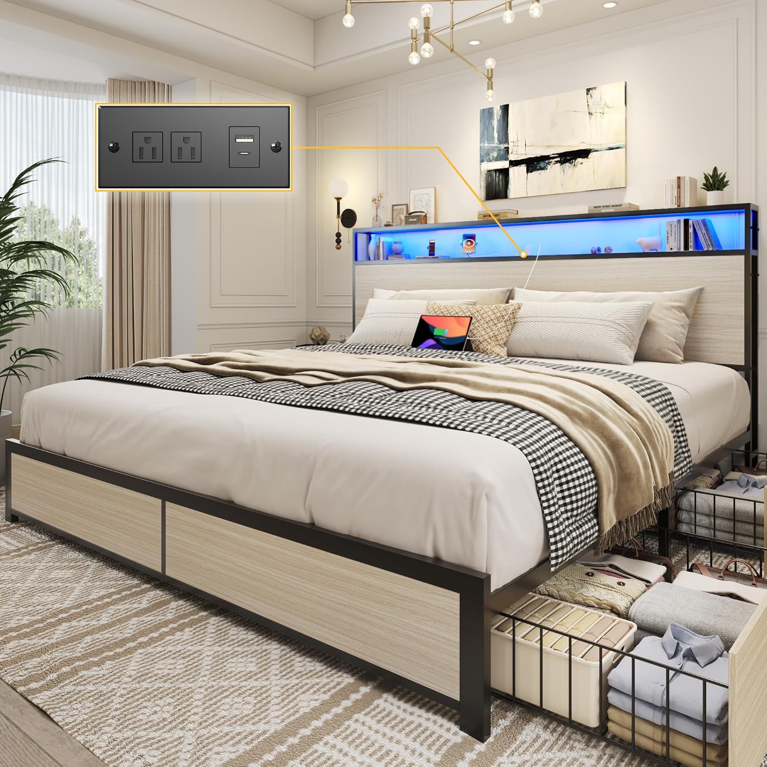 Lifezone King Bed Frame with 2-Tier Storage Headboard, Metal Platform Bed Frame with 4 Storage Drawers, Built in Charging Station & LED, Noise-Free/Metal Support/No Box Spring Needed, Beige