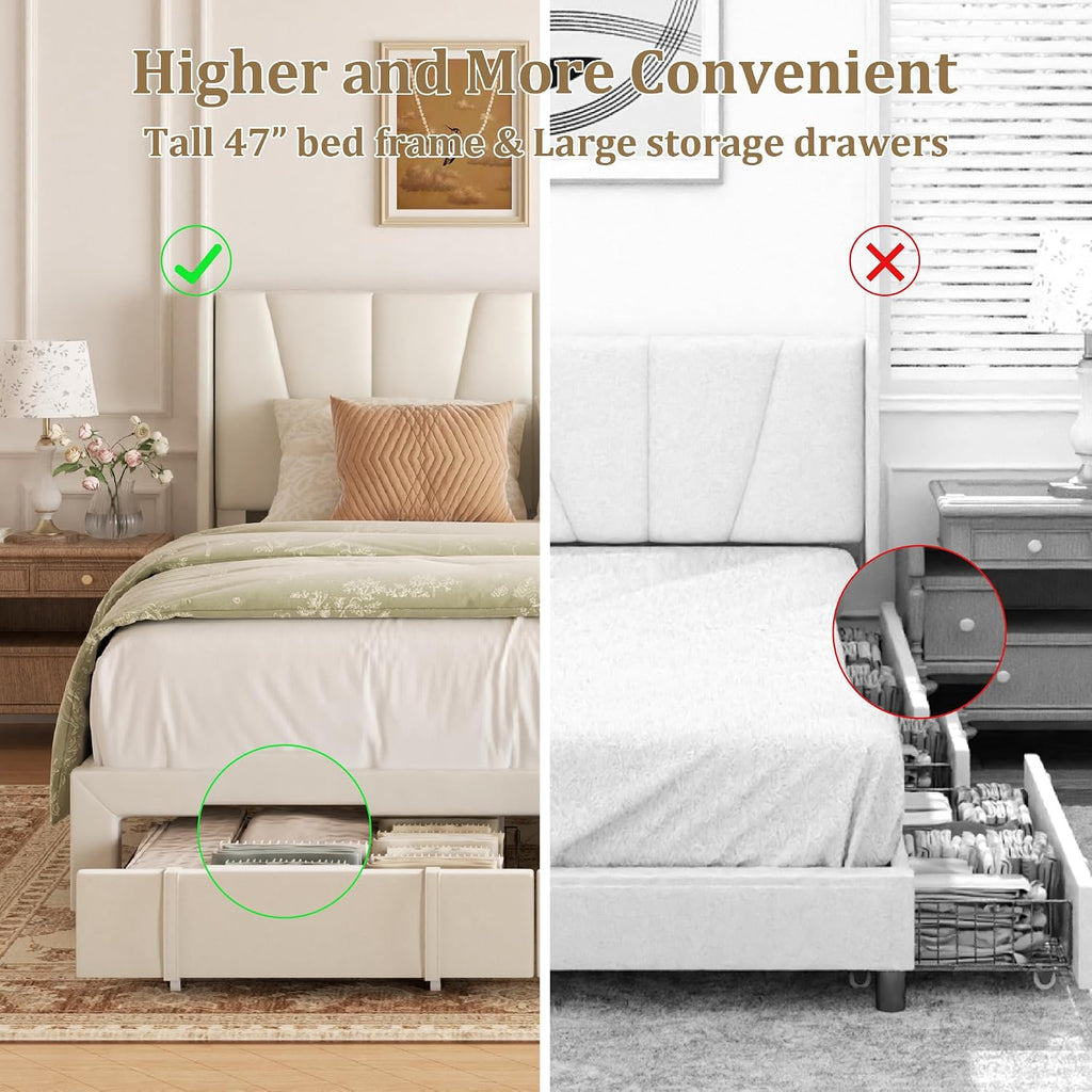 Queen Bed Frame with Storage Drawers, Upholstered Queen Size Platform Bed with 47' Tall Headboard and Wingboard, No Box Spring Needed, Noise Free, Easy Assembly, Wooden Support Slats, Beige