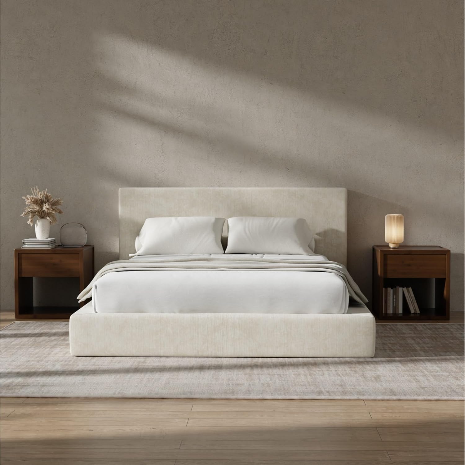 RECCI AirFrame Queen Bed Frame with Headboard, Cloud Upholstered Platform Bed Frame, 5 Inch Foam Cushioned, No Box Spring, Easy Assembly(Beige Chenille)