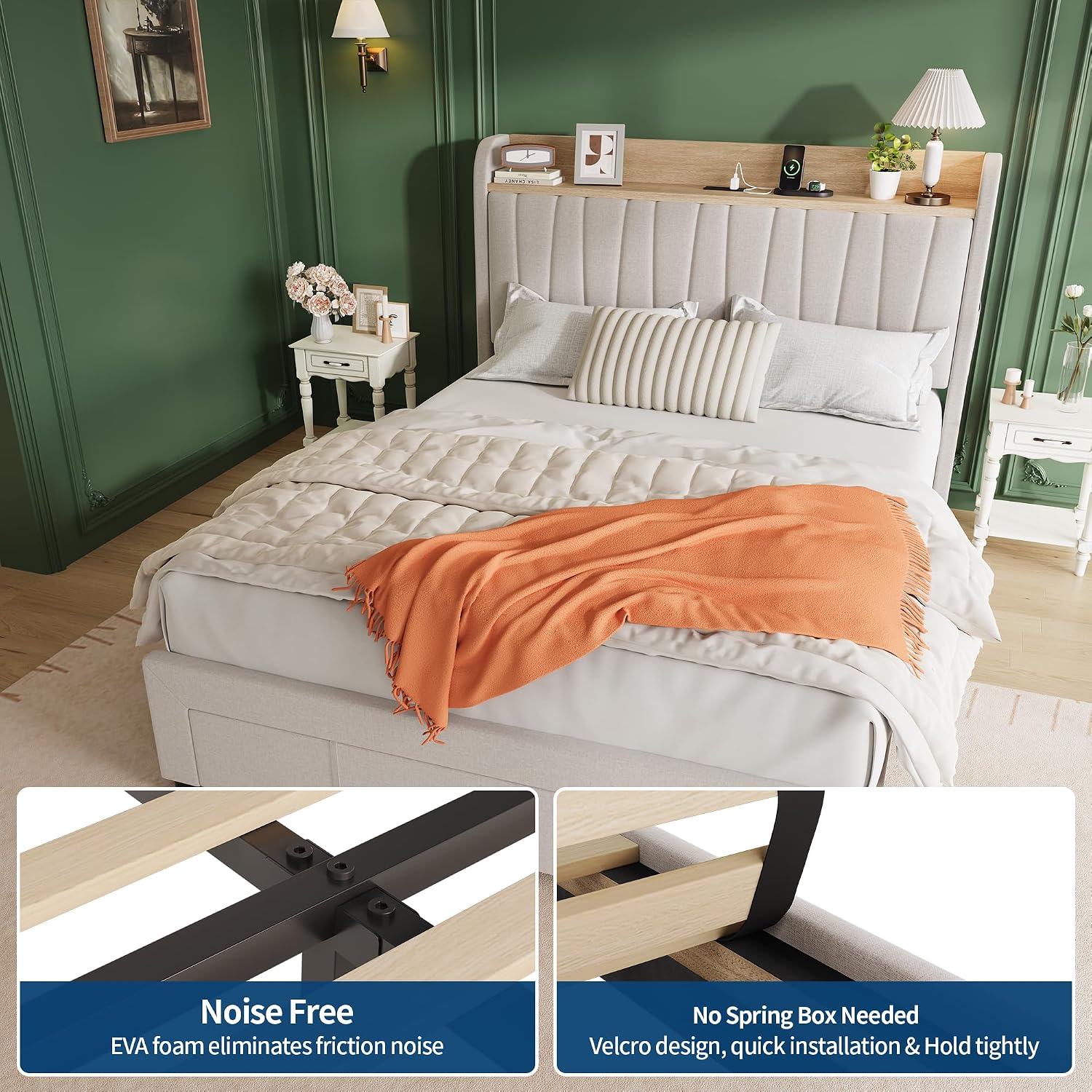 GarveeHome Upholstered Bed Frame with Storage Headboard and Charging Station, Platform Bed Frame with Drawers, Heavy Duty, No Box Spring Needed, Easy Assembly, Beige, Full Size