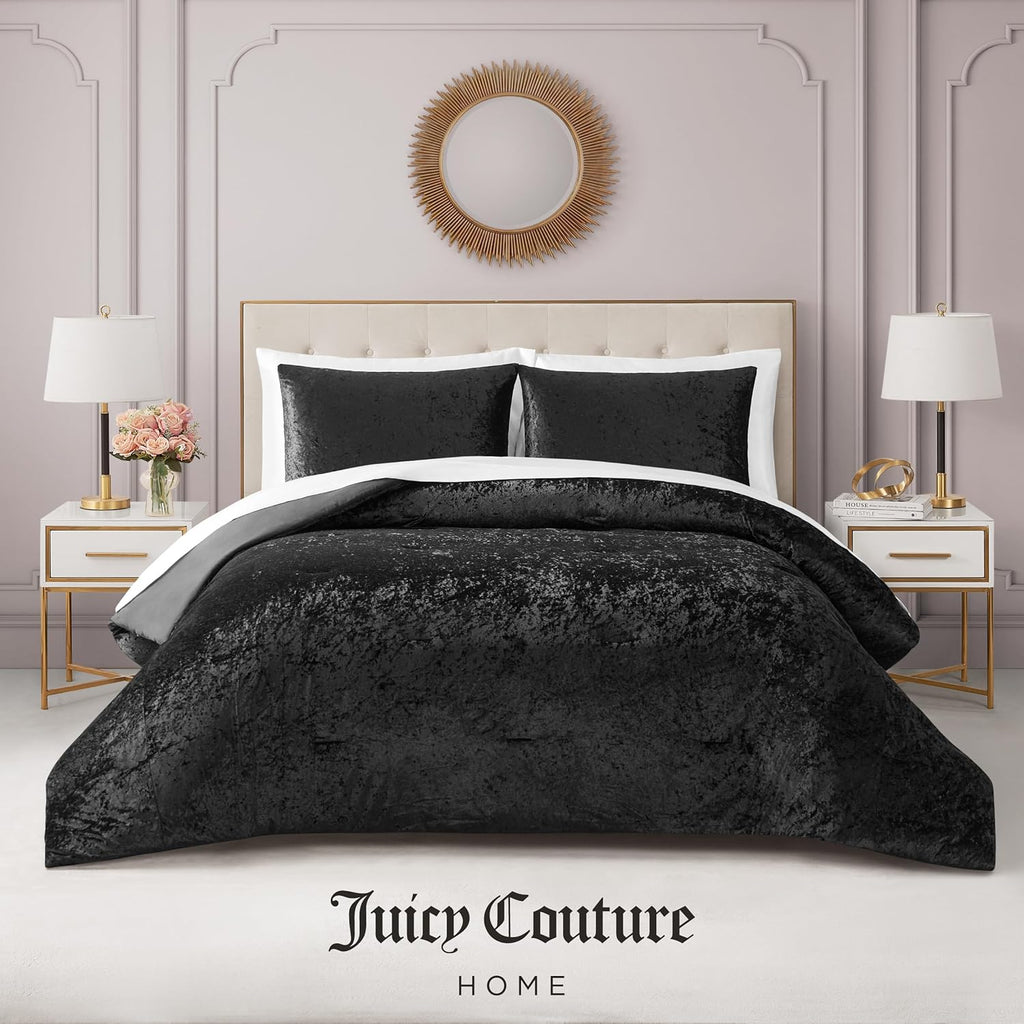 Juicy Couture Crushed Velvet King Comforter and Sham Set, 3-Piece King Bedding Set - (1) 102'x90' Comforter and (2) 20'x36' Sham - Black