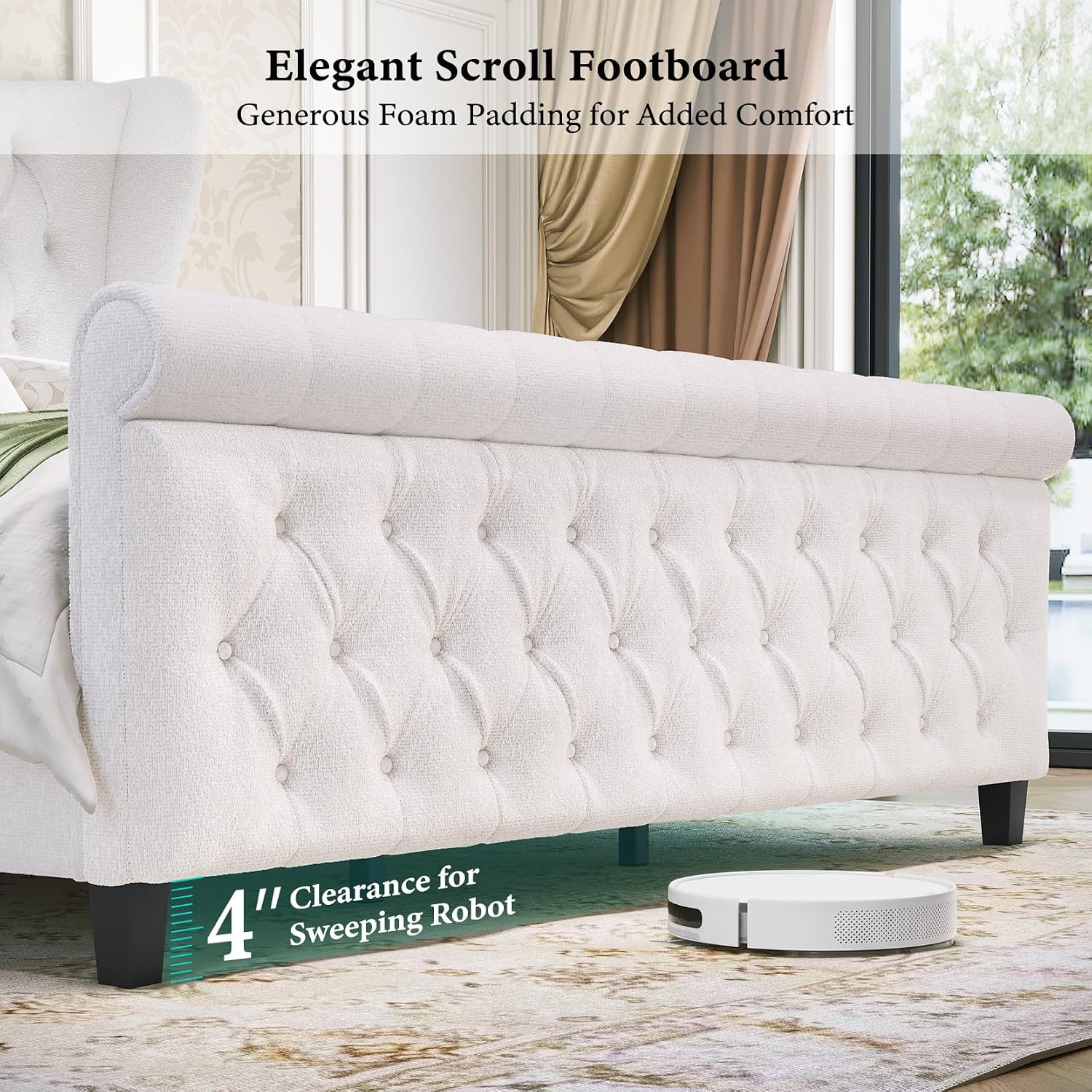 koorlian King Size Bed Frame,Chenille Upholstered Sleigh Bed with Scroll Wingback Headboard & Footboard,Luxury & Soft Button Tufted Modern Bed,Easy Assembly,No Box Spring Needed