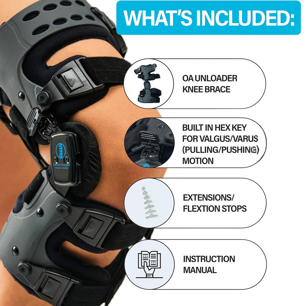 Comfyorthopedic Men & Women OA Unloader Knee Brace, Medial Arthritis Pain & Osteoarthritis Offloader, Bone on Bone Cartilage Joint Support, L1851 L1843 Upgraded Built-in Hex Key, Right Fits Up to 32in Plus Size Thigh