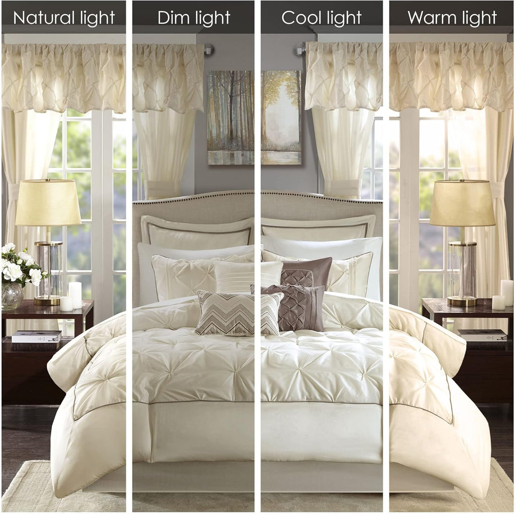 Madison Park Essentials Room in a Bag Faux Silk Comforter Set - Luxe Diamond Tufting All Season Bedding, Matching Curtains, Decorative Pillows, Ivory King(104'x92') 24 Piece
