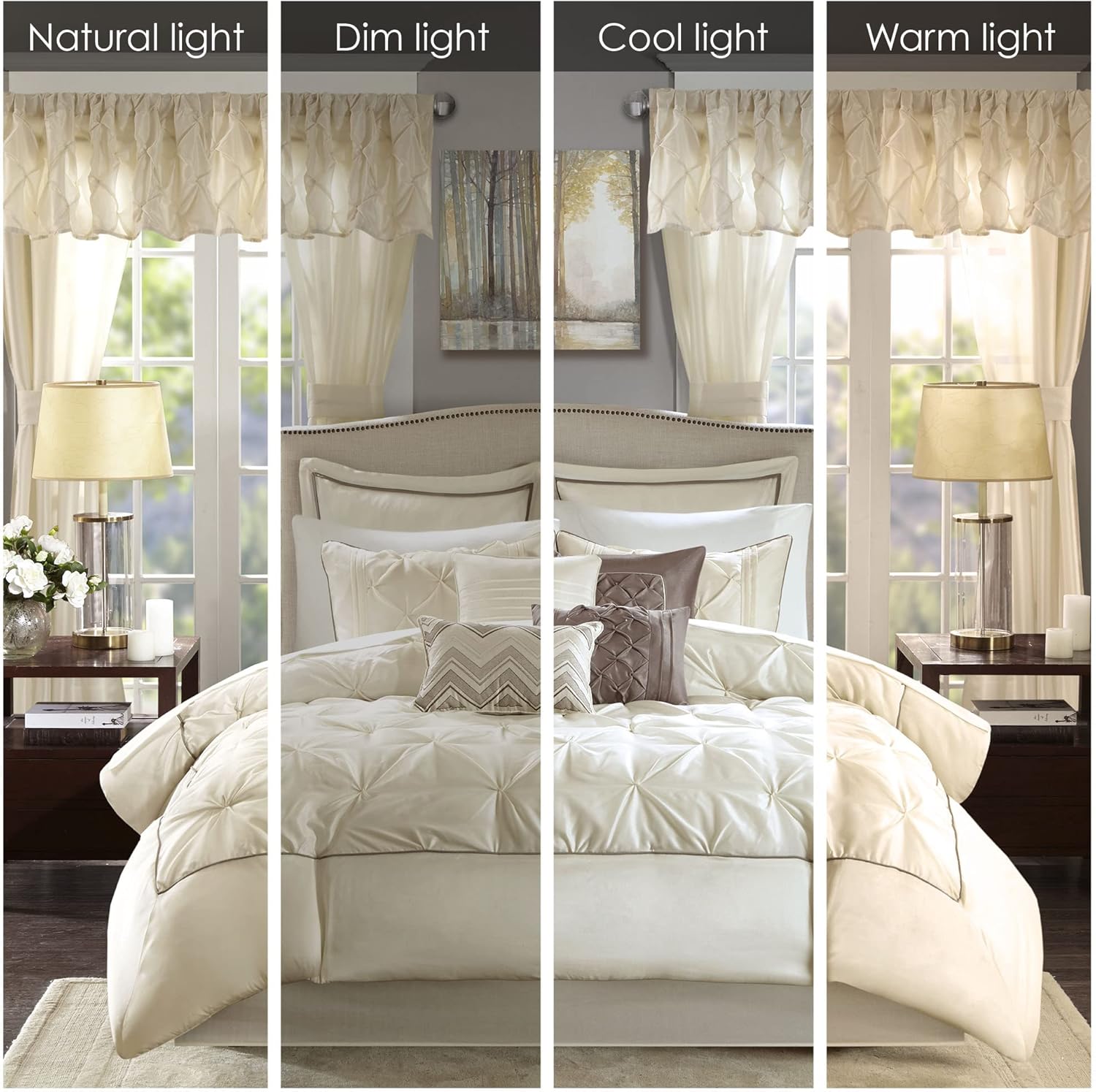 Madison Park Essentials Room in a Bag Faux Silk Comforter Set - Luxe Diamond Tufting All Season Bedding, Matching Curtains, Decorative Pillows, Ivory King(104'x92') 24 Piece