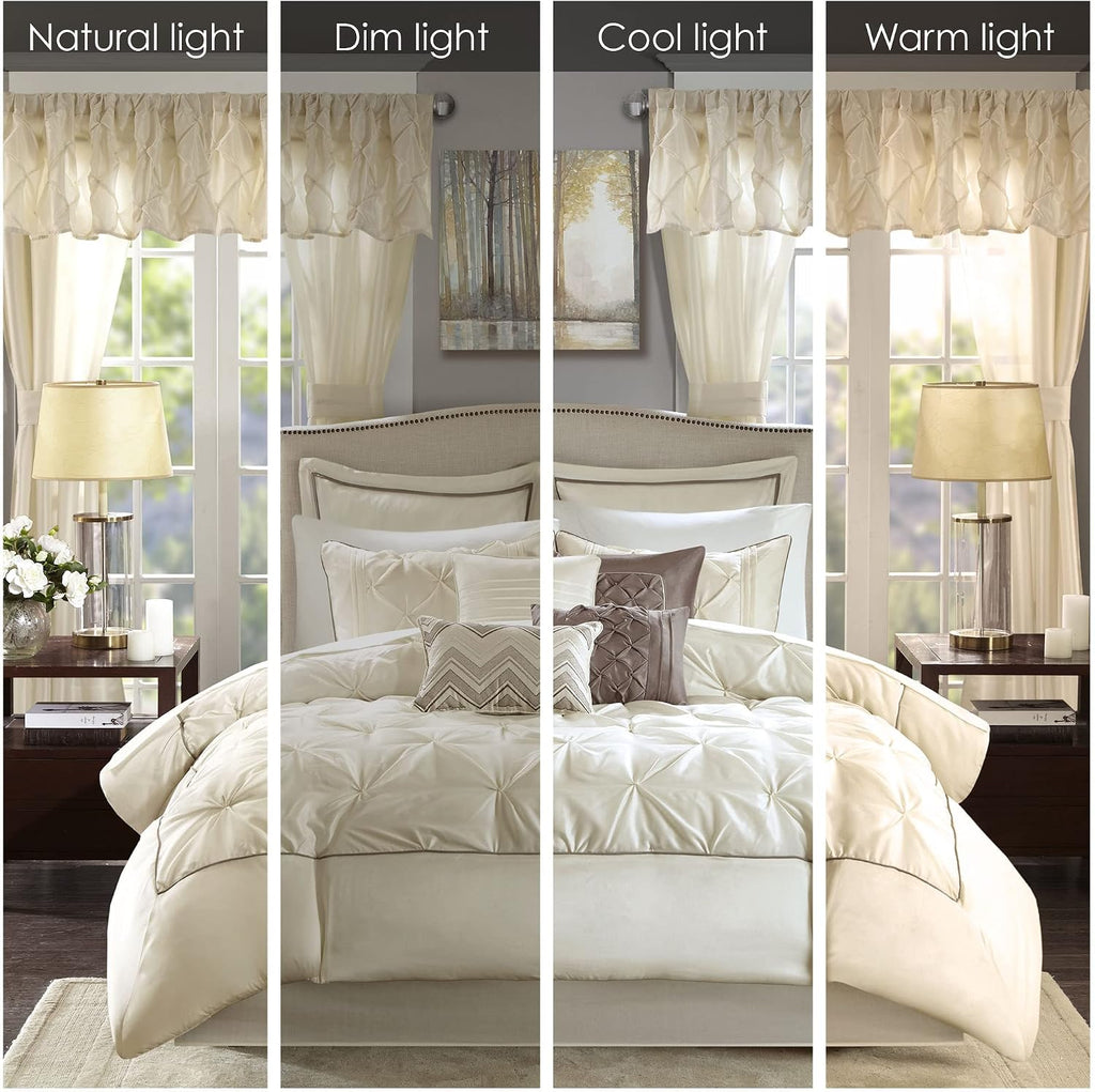 Madison Park Essentials Room in a Bag Faux Silk Comforter Set - Luxe Diamond Tufting All Season Bedding, Matching Curtains, Decorative Pillows, Ivory Queen(90'x90') 24 Piece