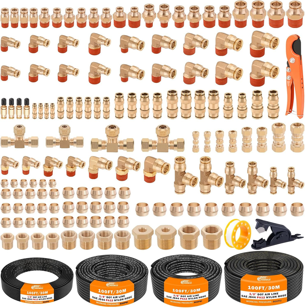 CheeMuii 156 PCS Brass DOT Air Line Fittings with 4 Roll 100FT 1/8' 1/4' 3/8' 1/2' DOT Air Lines Kit Push Lock Air Fitting Quick Connect Air Fittings with Air Hose Pneumatic Tubing