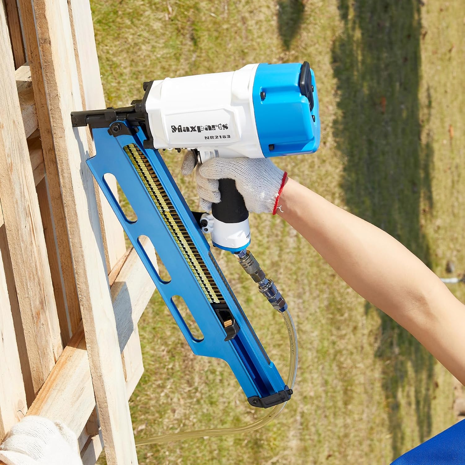 Maxparts Framing Nail Gun NR2183 21 Degree Plastic Strip Nailer with Aluminum Magazine Quick Shooting Pneumatic Tools for Wood Constructions Light Blue Color