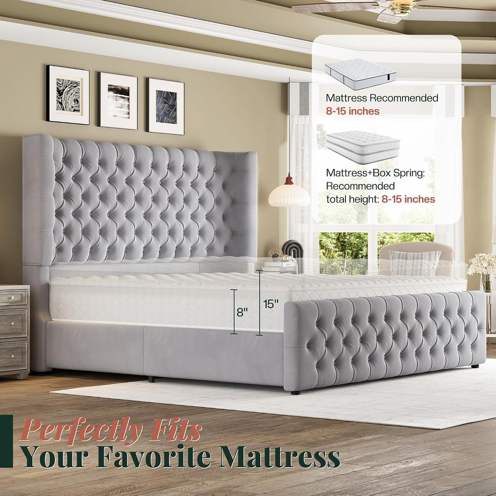 Jocisland Queen Size Platform Bed Frame, 6.3' Thick Upholstered Curved Wingback Headboard and Footboard with Deep Button Tufted, Easy Assembly, No Box Spring Needed, Light Grey Velvet
