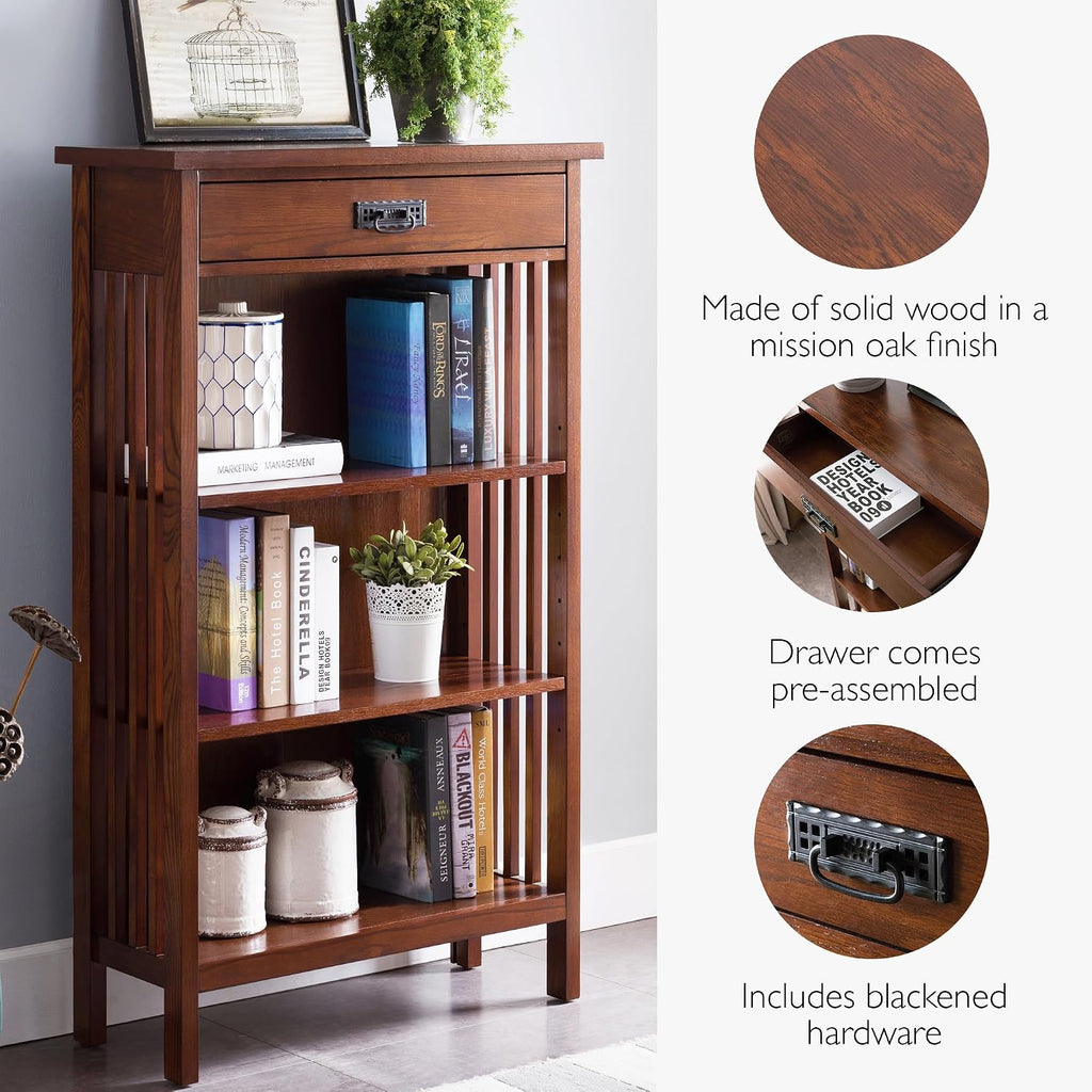 Leick Home 82262 Mission Mantel Height Bookcase with Slatted Sides and Top Drawer, Made with Solid Wood, for Living Rooms, Mission Oak Finish, Brownbronze