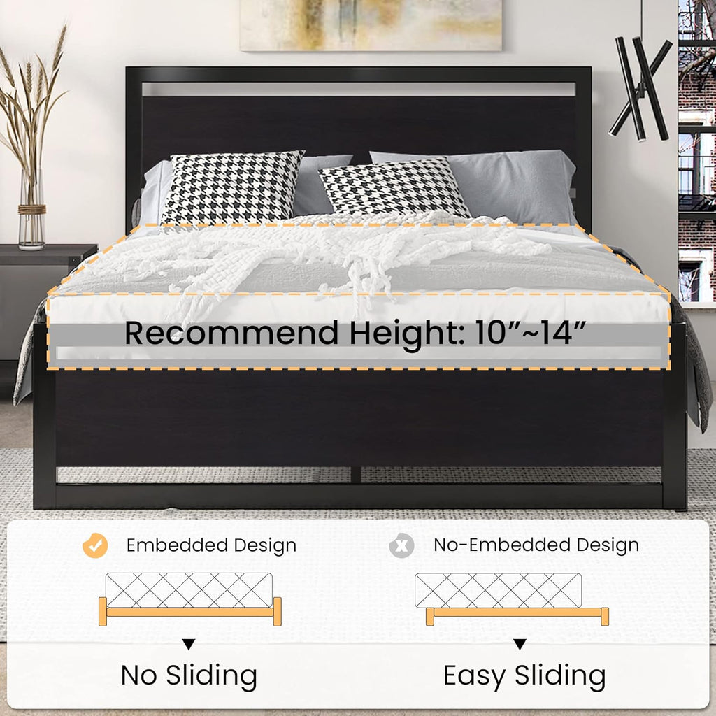 SHA CERLIN Full Size Bed Frame with Modern Headboard, Heavy Duty Platform Metal Base with Square Footboard and 13 Strong Slats Support, No Box Spring Needed, Black