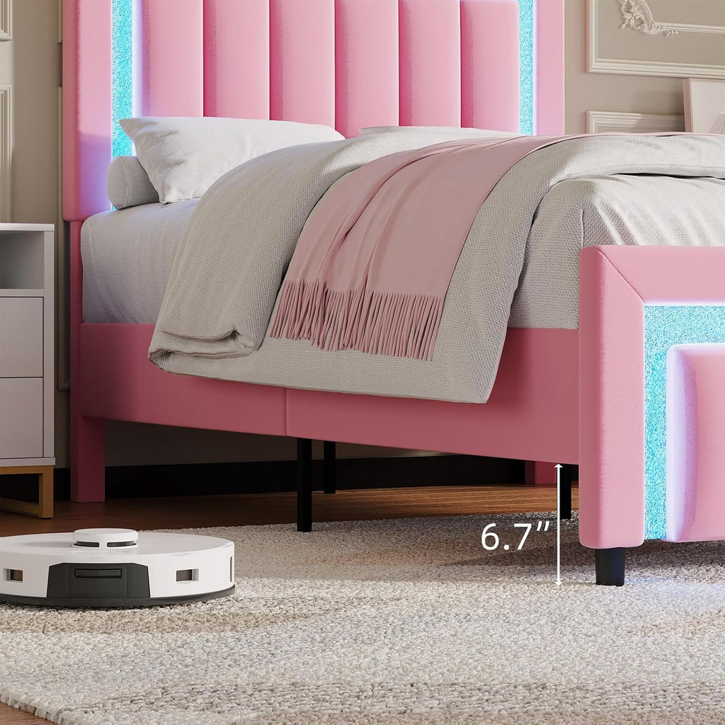 HOMBCK Full Size Bed Frame with LED Lights and Velvet Upholstered Adjustable Headboard, Bed Frame Full with Diamond Headboard & Footboard, Wooden Slats Support, Noise Free, No Box Spring Needed, Pink