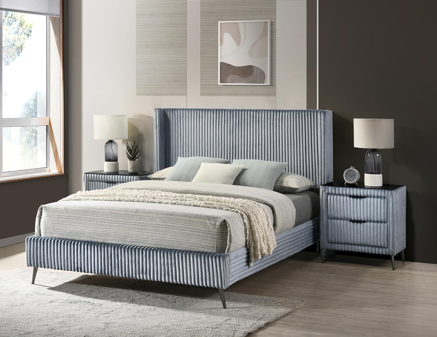 Roundhill Furniture Mavela Wide Wale Corduroy Upholstery Panel Queen Bed with 2 Nightstands and Bench, Blue