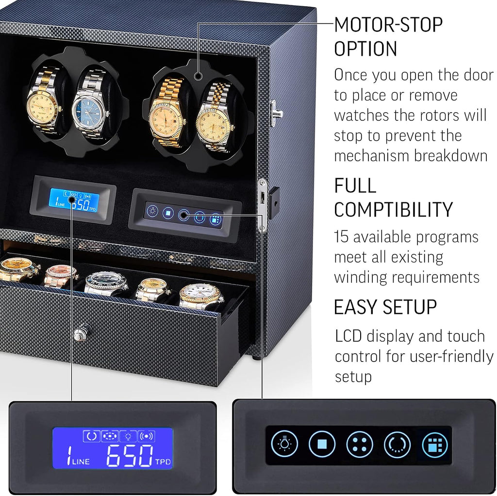 4 Watch Winder with 5 Watch Storage Space, LCD Display, Touch Control and Interior Light