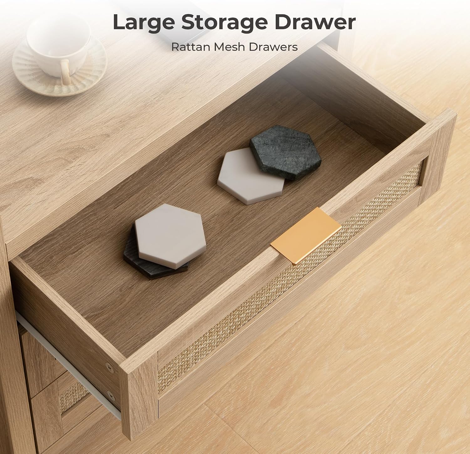 SICOTAS Rattan Nightstands Set of 2 Bedside Table - Larger Night Stand with Type-C Charging Station, 3 Drawers Storage, Boho Night Stands End Table for Bedroom Office - Light Oak