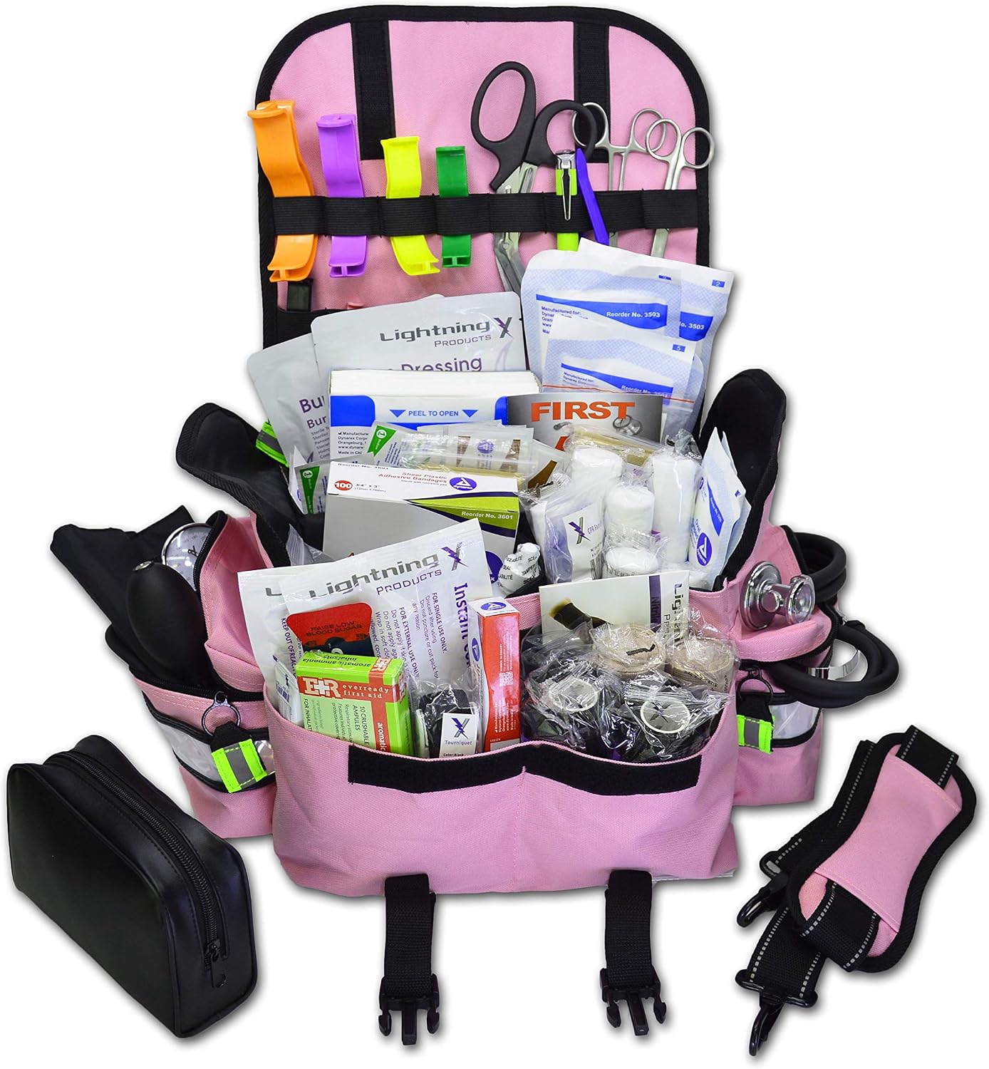 Lightning X Small First Responder EMT EMS Trauma Bag Stocked First Aid Fill Kit B (Pink)