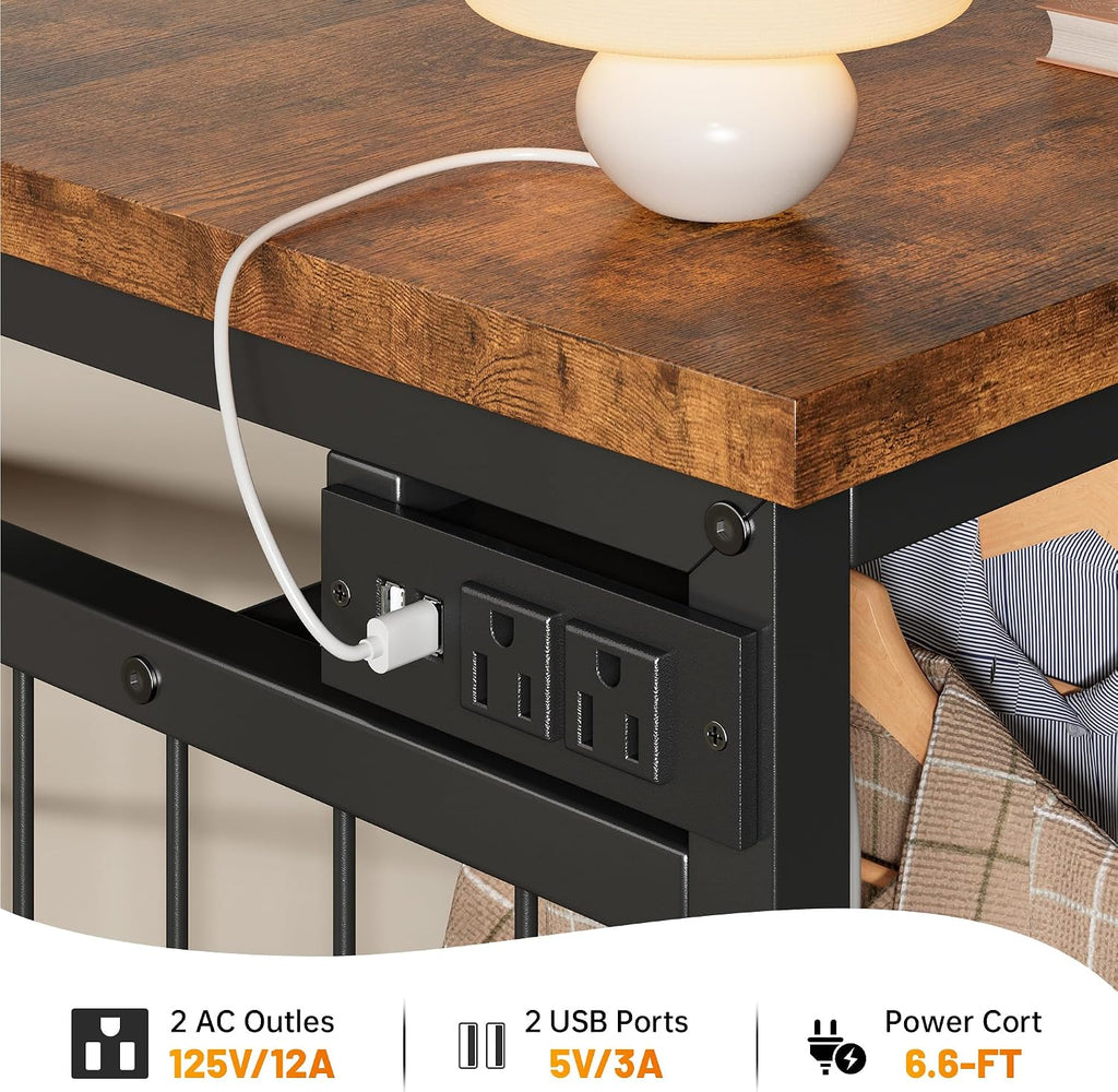 EnHomee 49.2' W Dresser with Hanging Rack & 6 Fabric Drawers – Wooden Top Organize Unit Featuring LED Lights, Charging Station & Grid Panel & Hooks for Bedroom, Rustic Brown