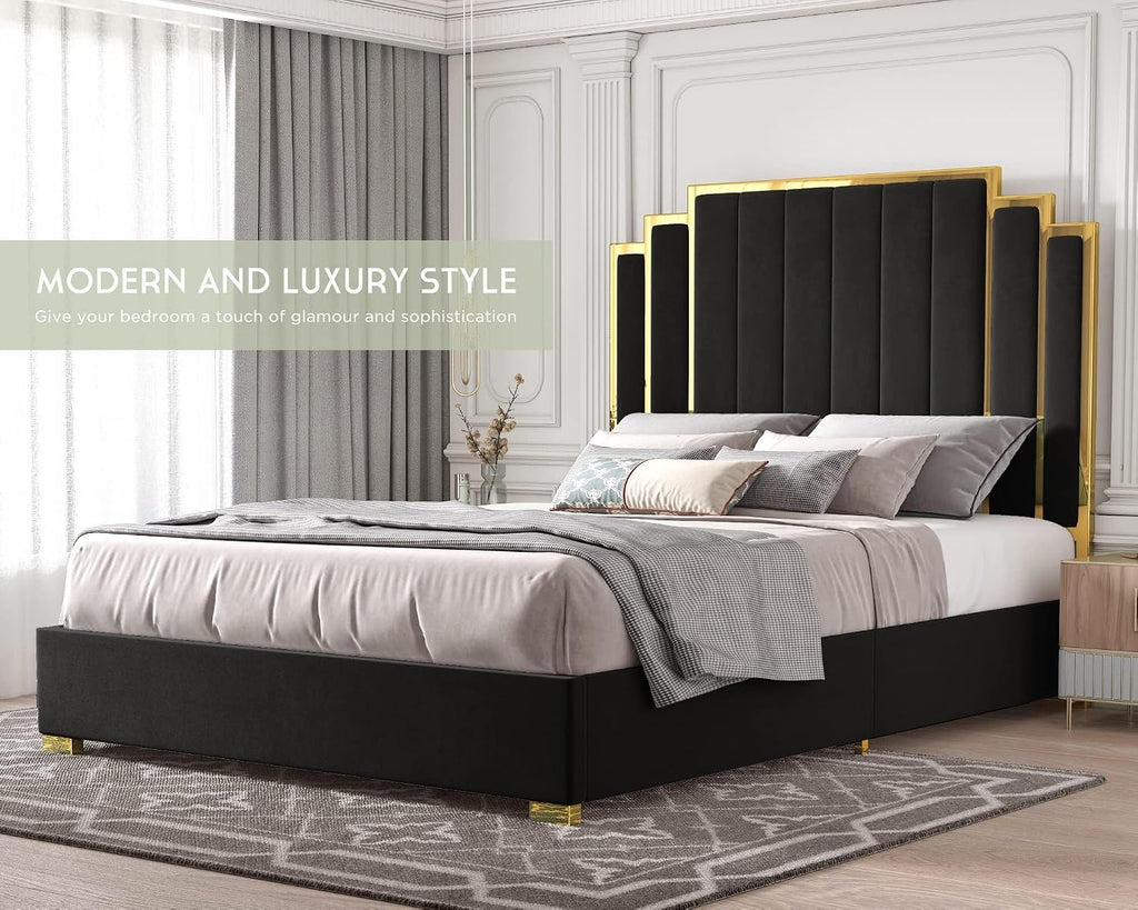 HOWE California King Size Bed Frame and 65' Headboard, Upholstered Bed with Golden Plating Trim, Modern Platform Bed No Box Spring Needed, Black